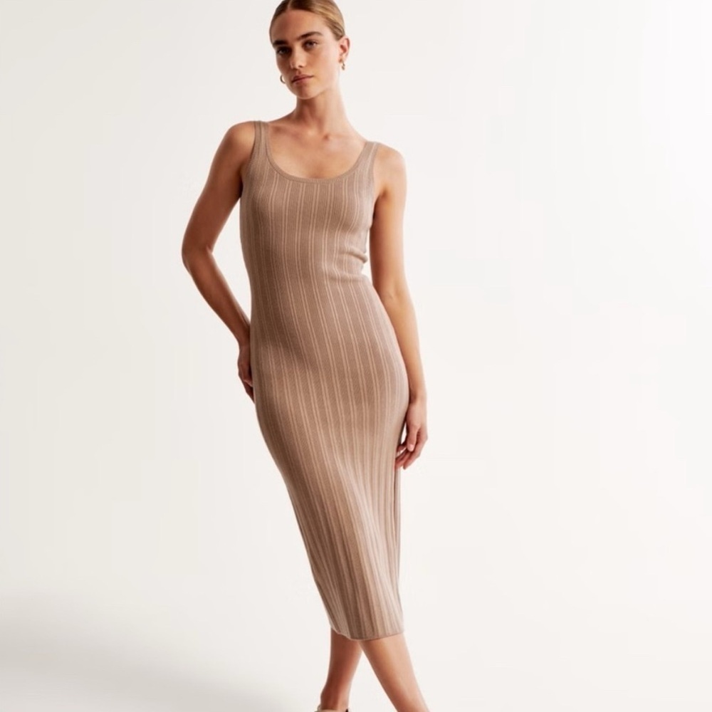Abercrombie & Fitch Midi Dress Women L Minimalist Ribbed Neutral Tan Side Slit